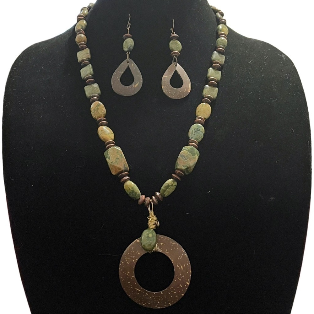 Rainforest Rhyolite and Wooden Beaded Statement Necklace with Matching Earrings